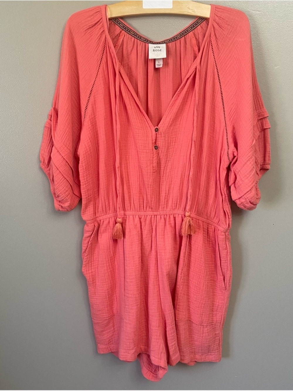 Knox Rose Large Coral Gauze Short Sleeve Boho One Piece Shorts Romper Womens